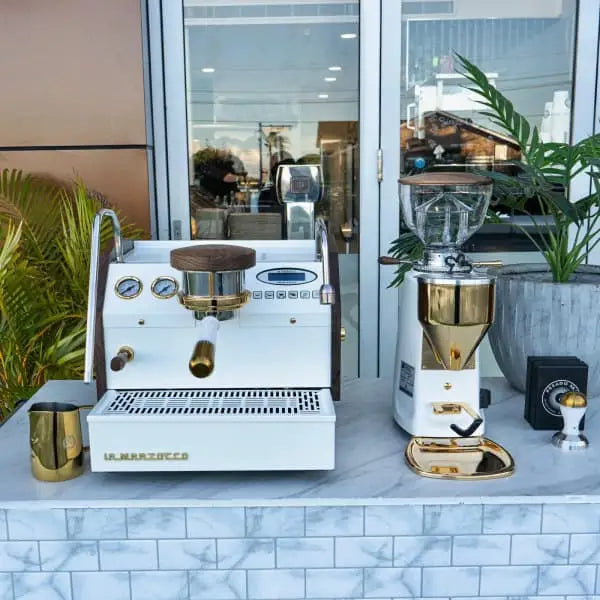 Custom gold La Marzocco GS3 and Mazzer grinder package