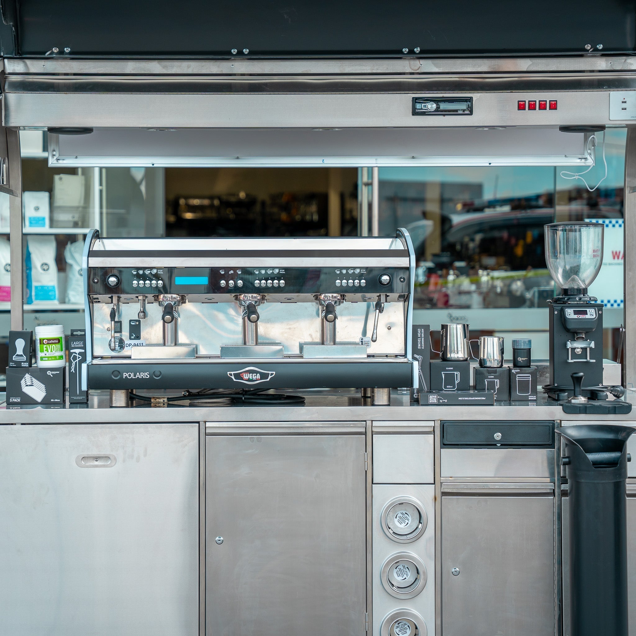 PRECISION LARGE LOCKABLE COFFEE CART PACKAGE WITH WEGA POLARIS TRON 3 GROUP DIP DKS - 65 - Australia - Di Pacci