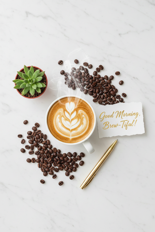 A styled flat-lay featuring a steaming cup of coffee, scattered coffee beans, a small potted succulent, a handwritten note that reads 'Good Morning, Brew-Tiful!', and a gold pen on a white marble background.