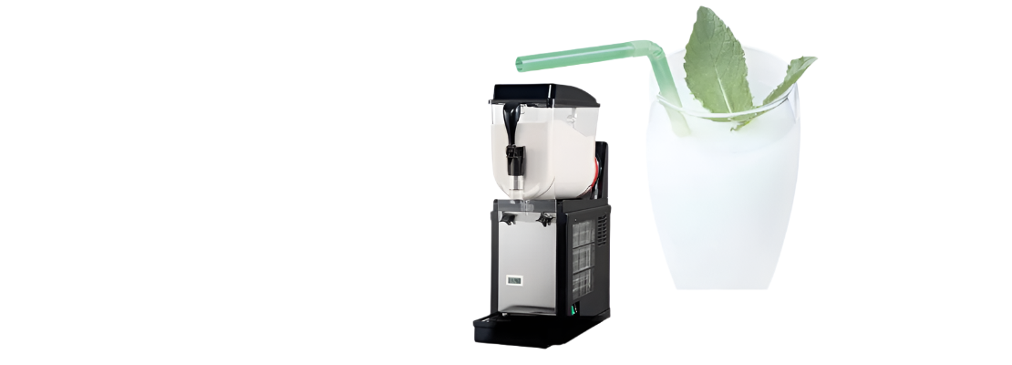 Sorbet machine with a 10 litre bowl and a glass of sorbet with a straw and leaf garnish on a light gray background.